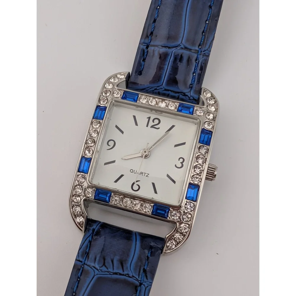 Women's Quartz Watch 26mm Case Blue Gemmed Croc Band- New Battery